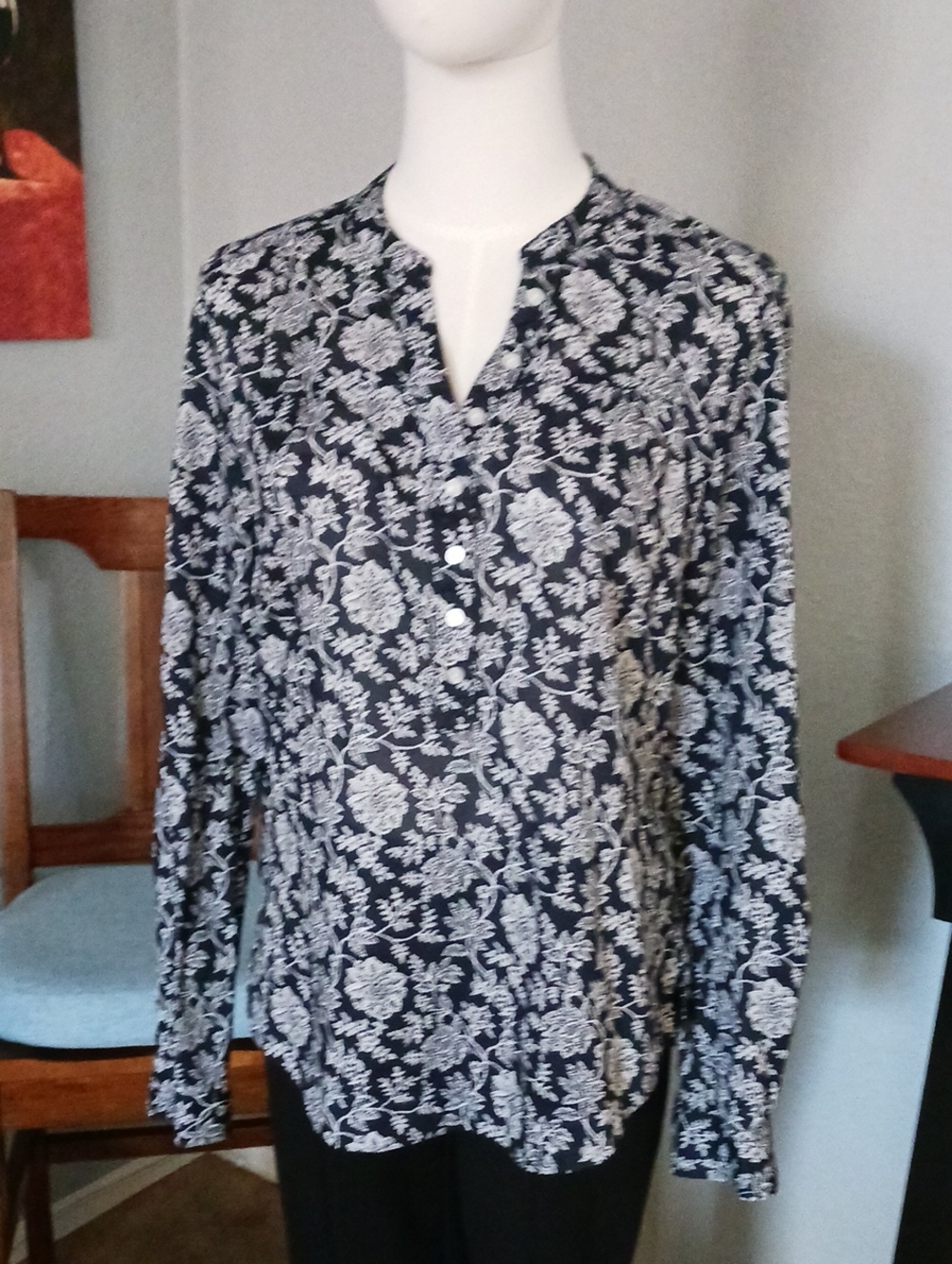 Eddie Bauer- Women's Navy and White Floral Button-Front Shirt